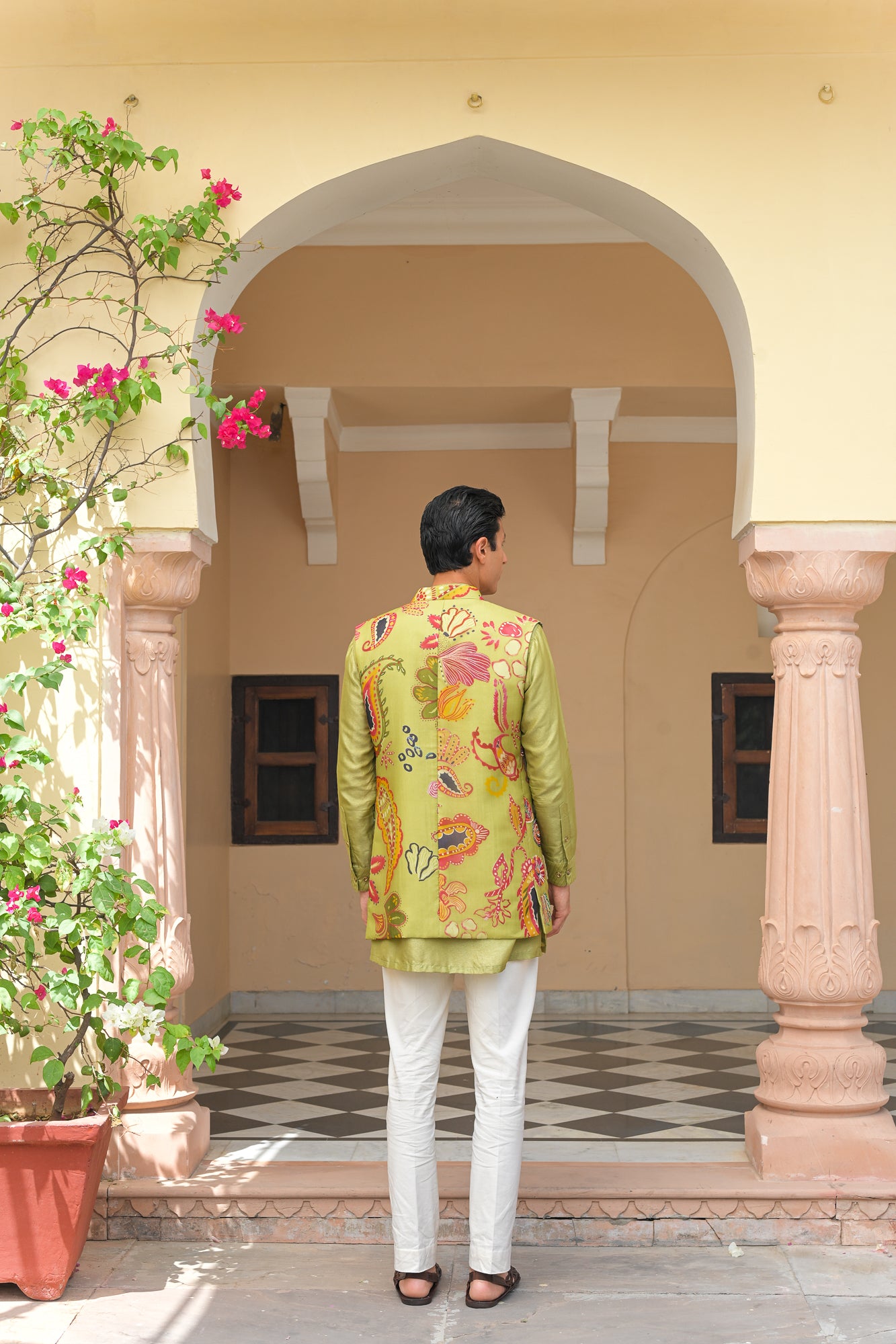 OLIVE BLOOM EMBROIDERED HALF JACKET  WITH PIN TUCK KURTA PANT SET
