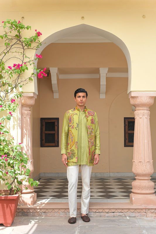 OLIVE BLOOM EMBROIDERED HALF JACKET  WITH PIN TUCK KURTA PANT SET