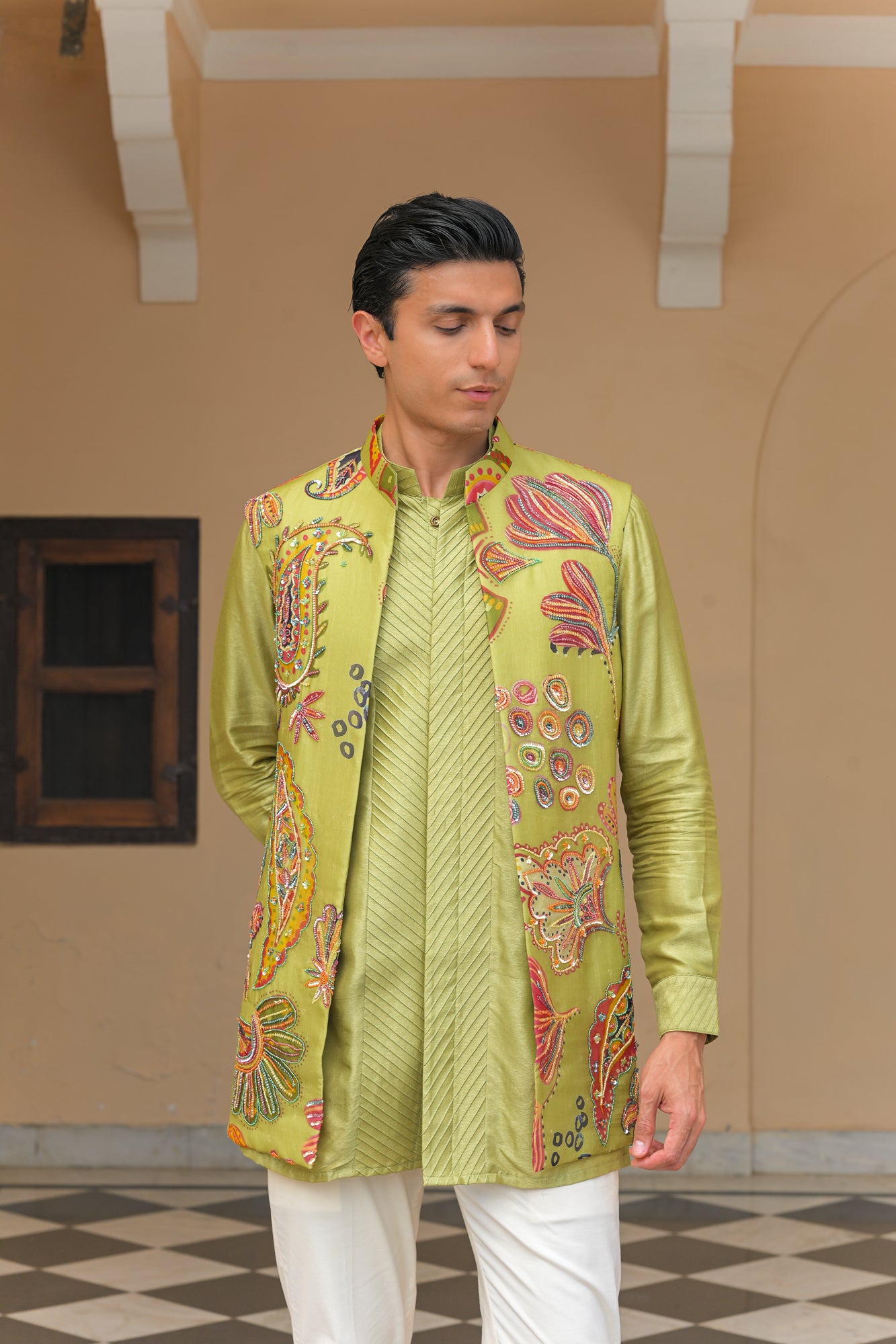 OLIVE BLOOM EMBROIDERED HALF JACKET  WITH PIN TUCK KURTA PANT SET