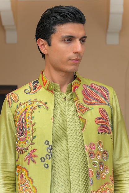 OLIVE BLOOM EMBROIDERED HALF JACKET  WITH PIN TUCK KURTA PANT SET