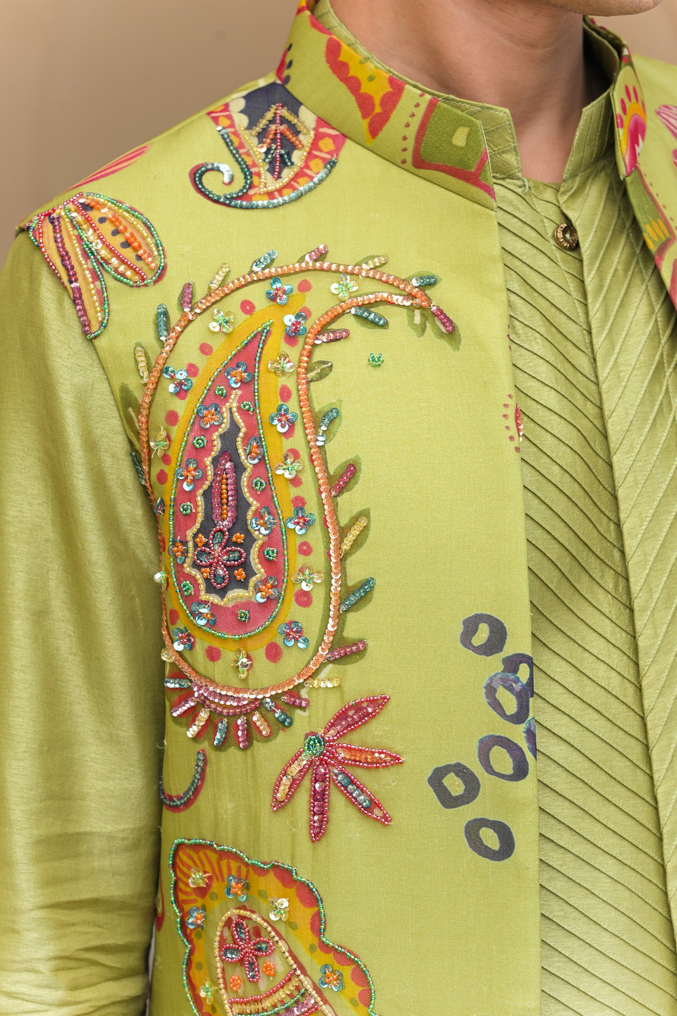 OLIVE BLOOM EMBROIDERED HALF JACKET  WITH PIN TUCK KURTA PANT SET