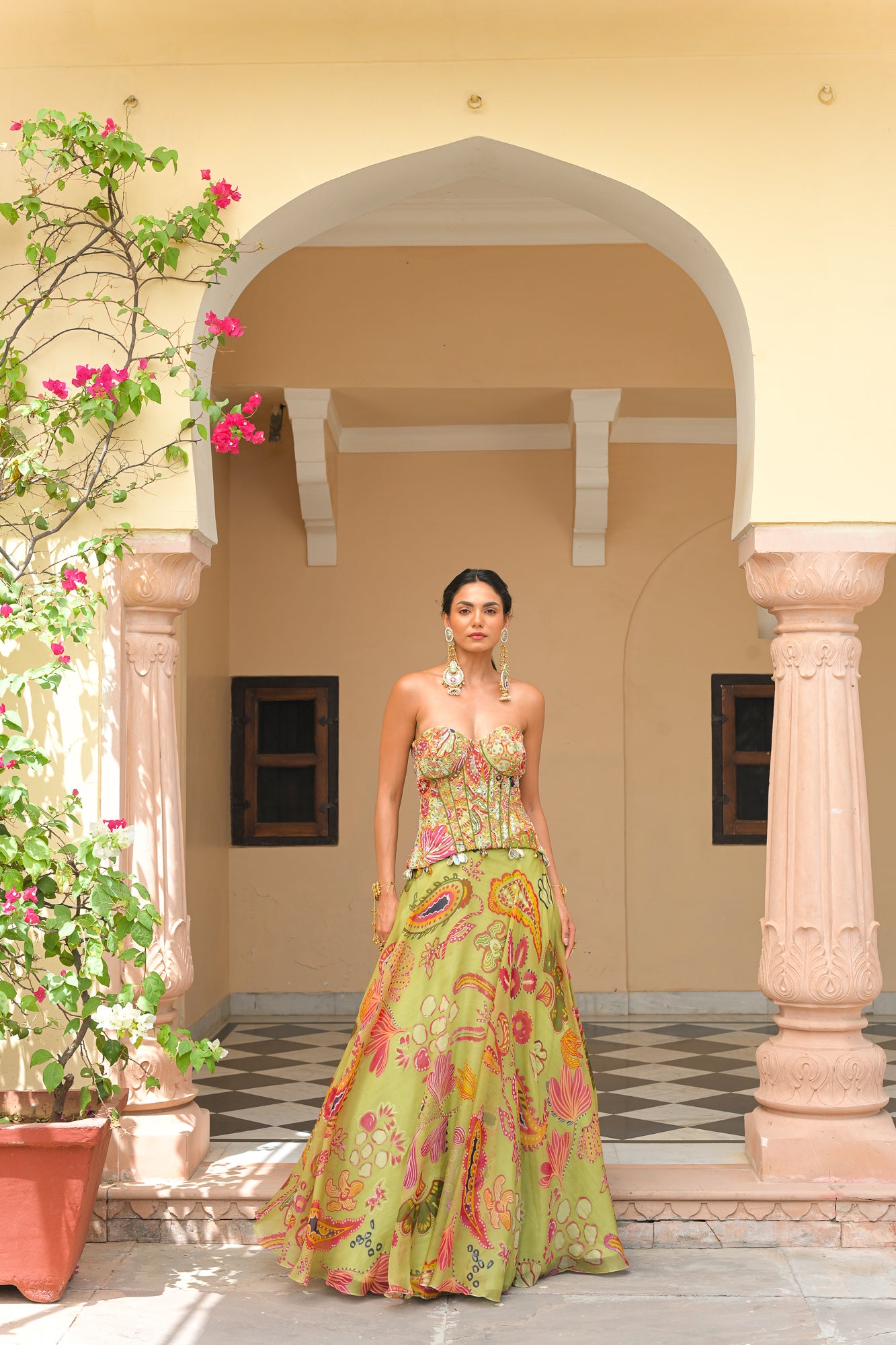 OLIVE BLOOM EMBROIDERED CORSET WITH PRINTED LEHENGA