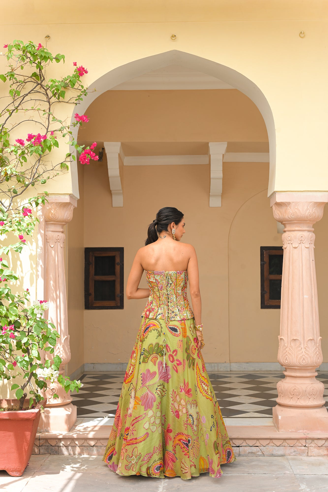 OLIVE BLOOM EMBROIDERED CORSET WITH PRINTED LEHENGA
