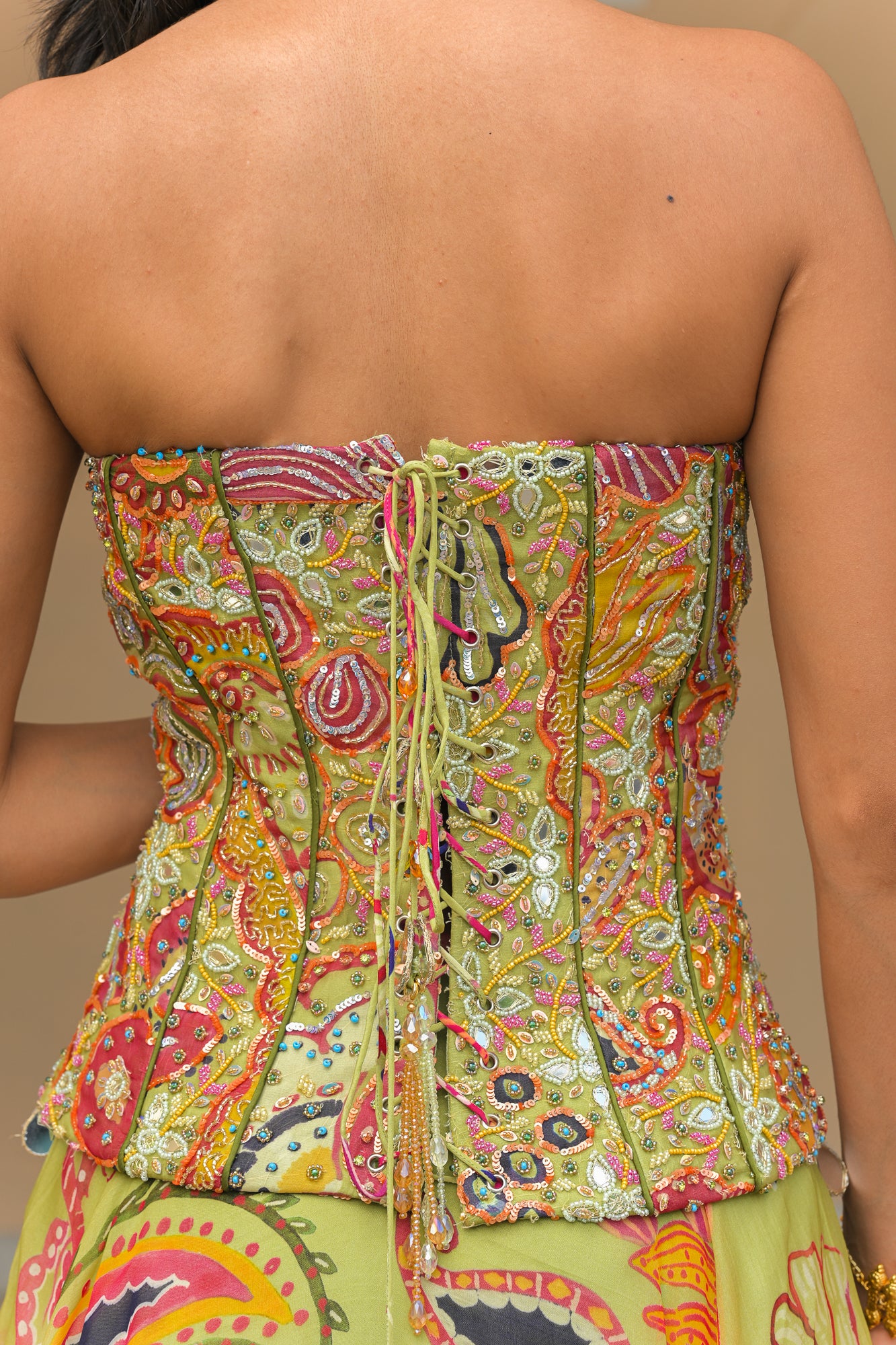 OLIVE BLOOM EMBROIDERED CORSET WITH PRINTED LEHENGA