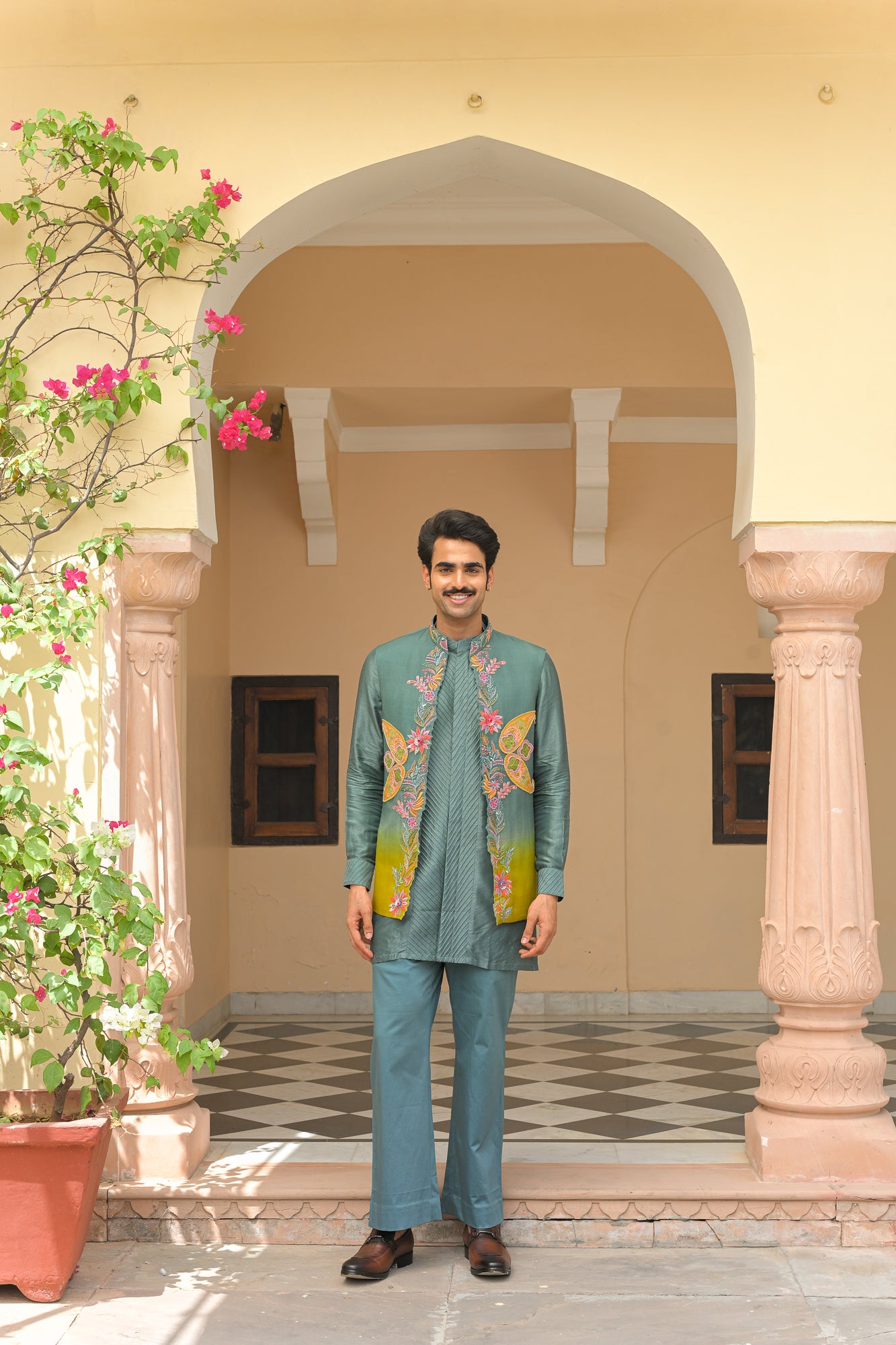 CUTWORK THREAD WORK PATCH EMBROIDERED HALF JACKET AND FULL SET  PAIRED WITH PIN TUCK KURTA AND STRAIGHT PANTS