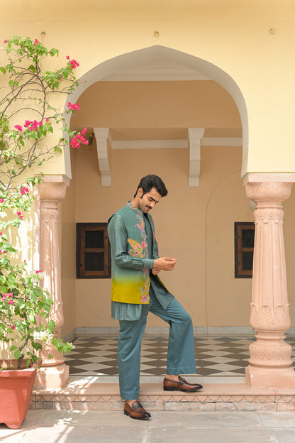 CUTWORK THREAD WORK PATCH EMBROIDERED HALF JACKET AND FULL SET  PAIRED WITH PIN TUCK KURTA AND STRAIGHT PANTS