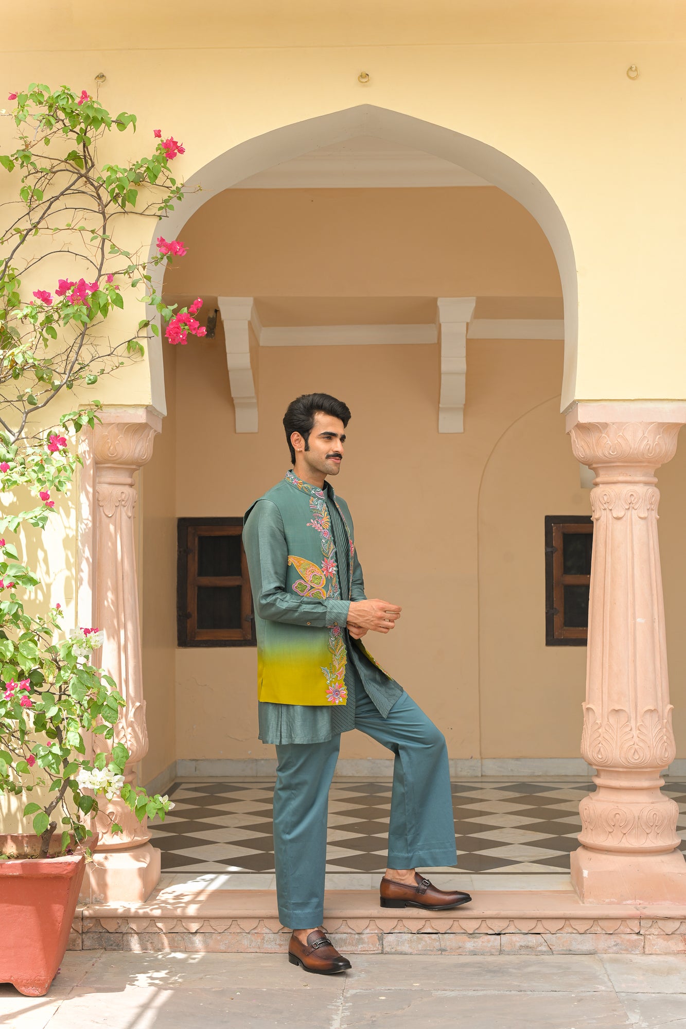 CUTWORK THREAD WORK PATCH EMBROIDERED HALF JACKET AND FULL SET  PAIRED WITH PIN TUCK KURTA AND STRAIGHT PANTS