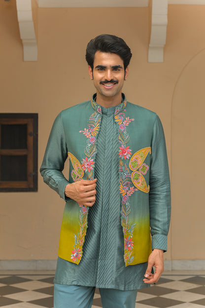 CUTWORK THREAD WORK PATCH EMBROIDERED HALF JACKET AND FULL SET  PAIRED WITH PIN TUCK KURTA AND STRAIGHT PANTS