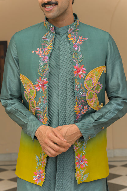 CUTWORK THREAD WORK PATCH EMBROIDERED HALF JACKET AND FULL SET  PAIRED WITH PIN TUCK KURTA AND STRAIGHT PANTS