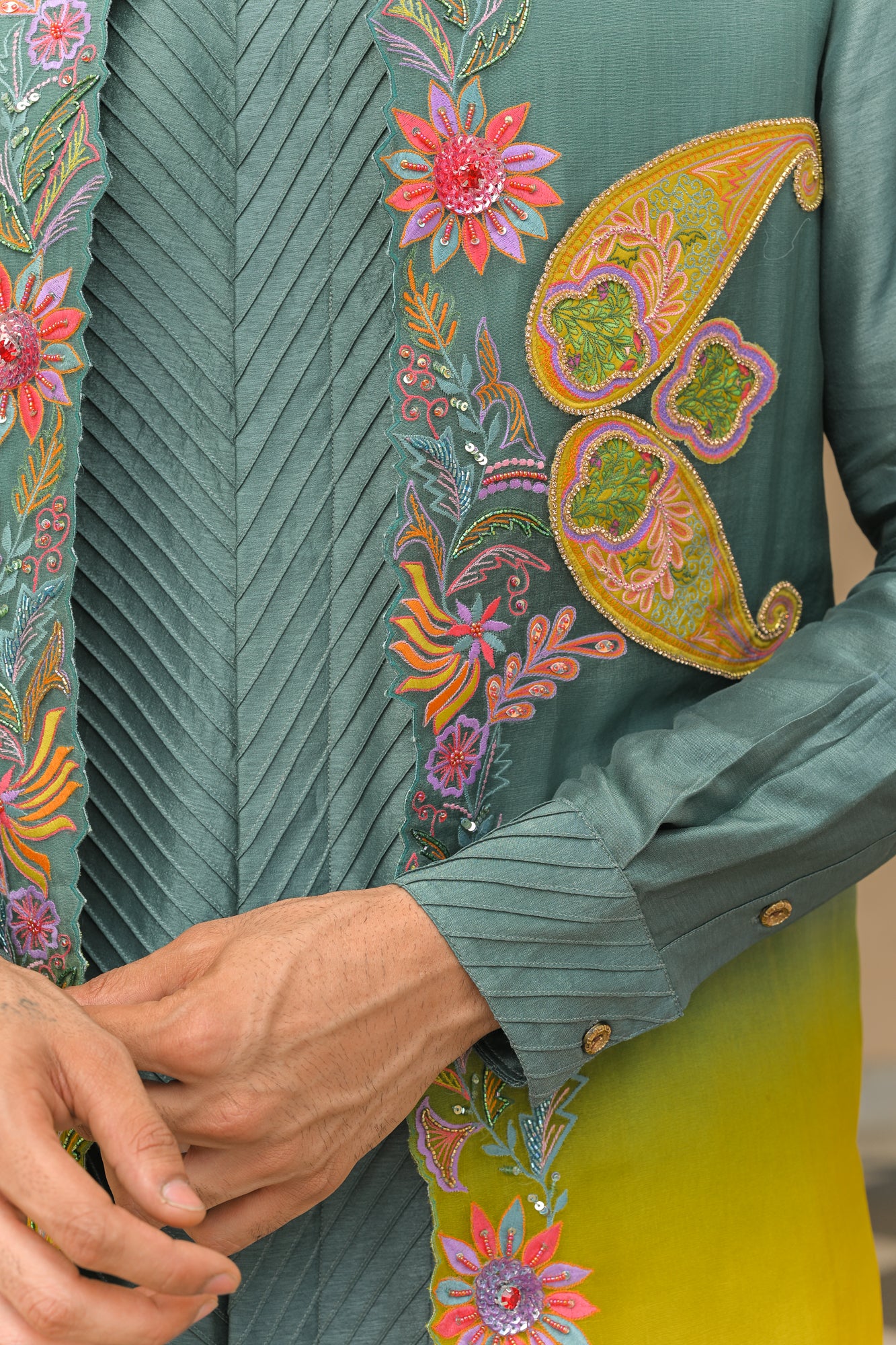 CUTWORK THREAD WORK PATCH EMBROIDERED HALF JACKET AND FULL SET  PAIRED WITH PIN TUCK KURTA AND STRAIGHT PANTS
