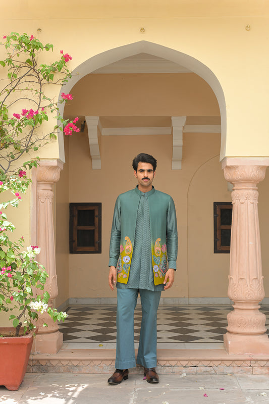 SHADED APPLIQUE EMBROIDERED HALF JACKET WITH PIN TUCK KURTA PANT SET