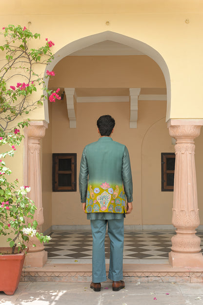 SHADED APPLIQUE EMBROIDERED HALF JACKET WITH PIN TUCK KURTA PANT SET