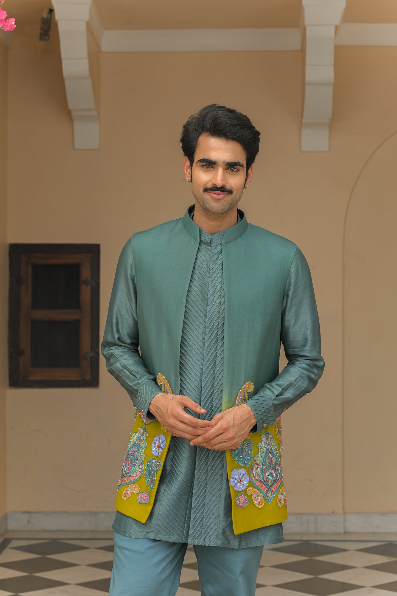 SHADED APPLIQUE EMBROIDERED HALF JACKET WITH PIN TUCK KURTA PANT SET