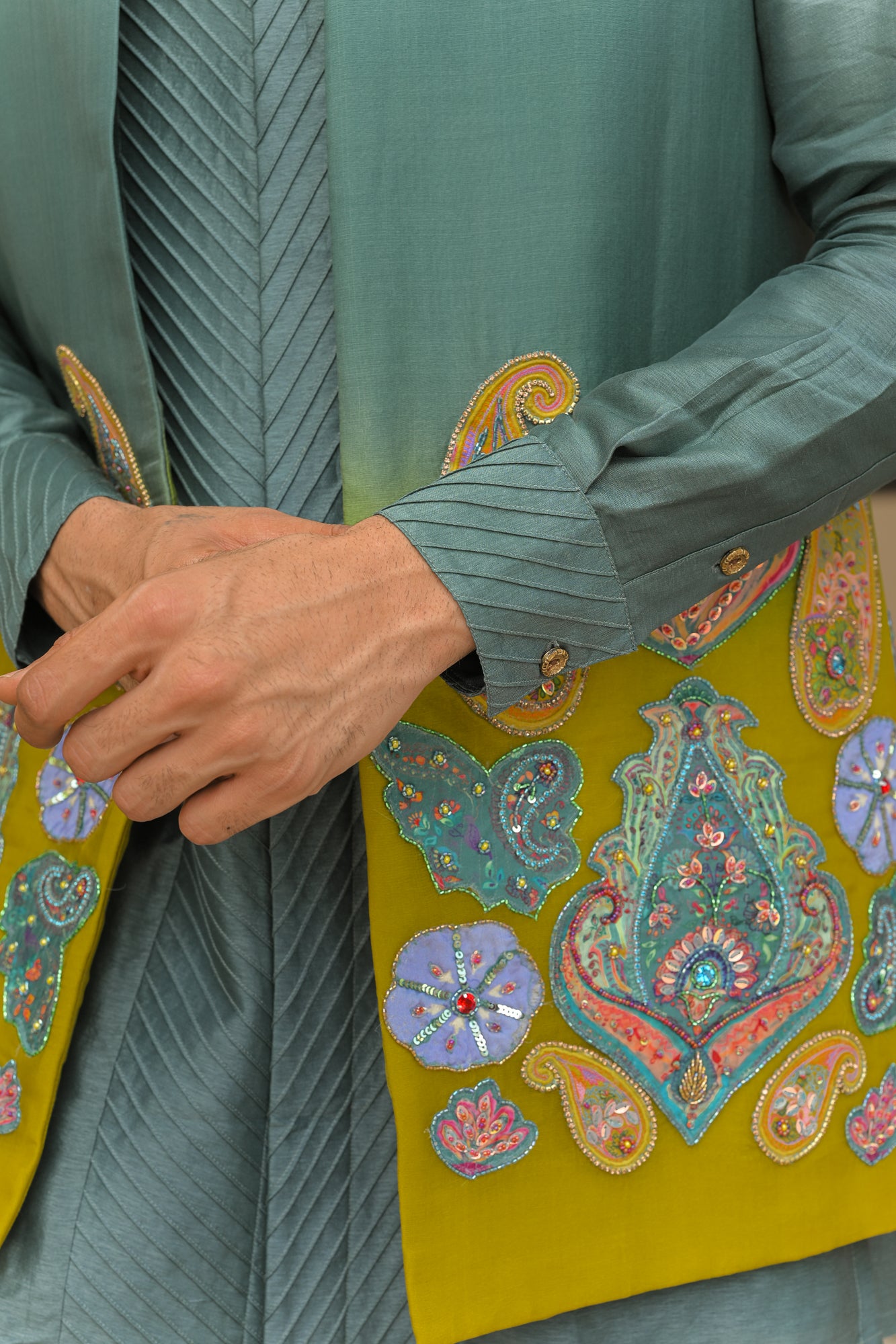 SHADED APPLIQUE EMBROIDERED HALF JACKET WITH PIN TUCK KURTA PANT SET