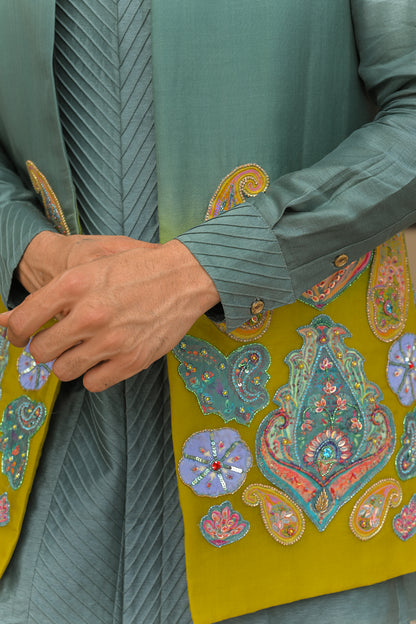SHADED APPLIQUE EMBROIDERED HALF JACKET WITH PIN TUCK KURTA PANT SET