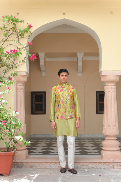 EMBROIDERED OLIVE BLOOM BUNDI WITH MIRROR WORK KURTA PANT SET