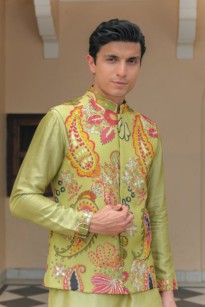 EMBROIDERED OLIVE BLOOM BUNDI WITH MIRROR WORK KURTA PANT SET