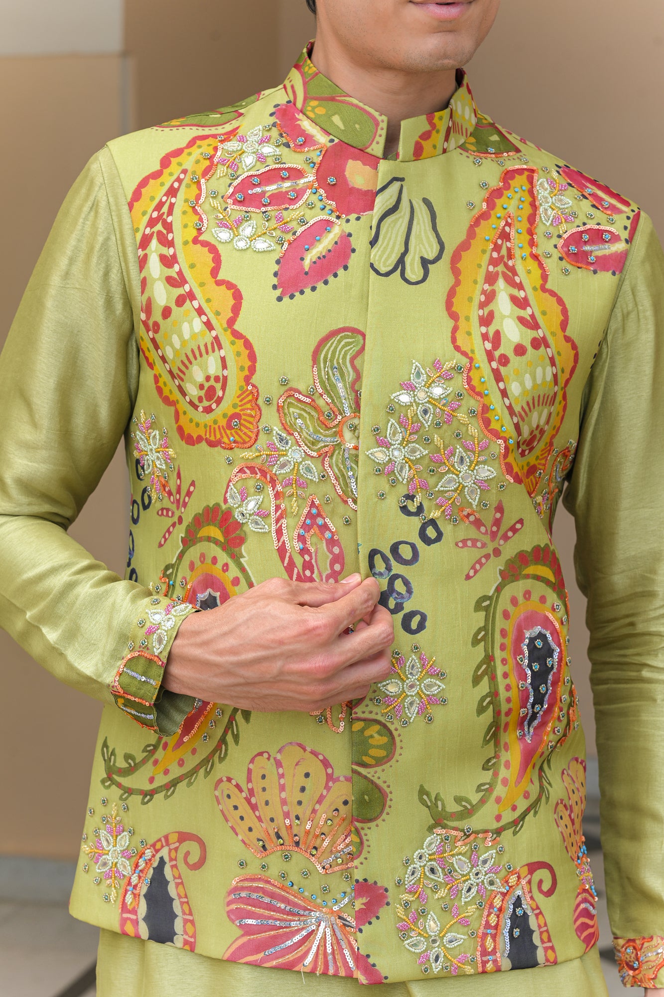 EMBROIDERED OLIVE BLOOM BUNDI WITH MIRROR WORK KURTA PANT SET