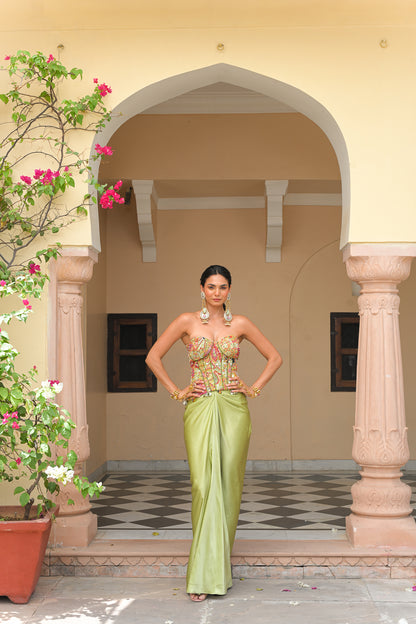 OLIVE BLOOM EMBROIDERED CORSET WITH PRINTED LEHENGA