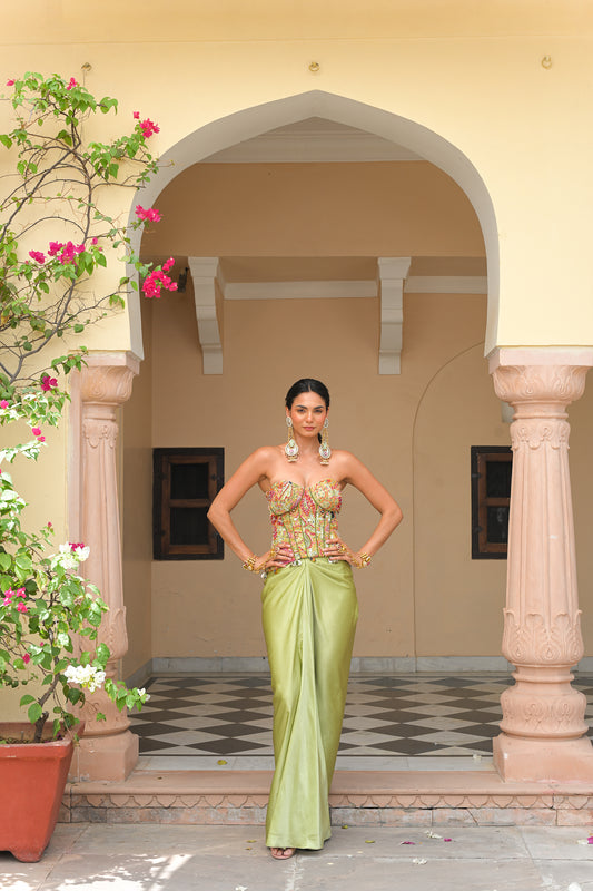 OLIVE BLOOM EMBROIDERED CORSET WITH PRINTED LEHENGA