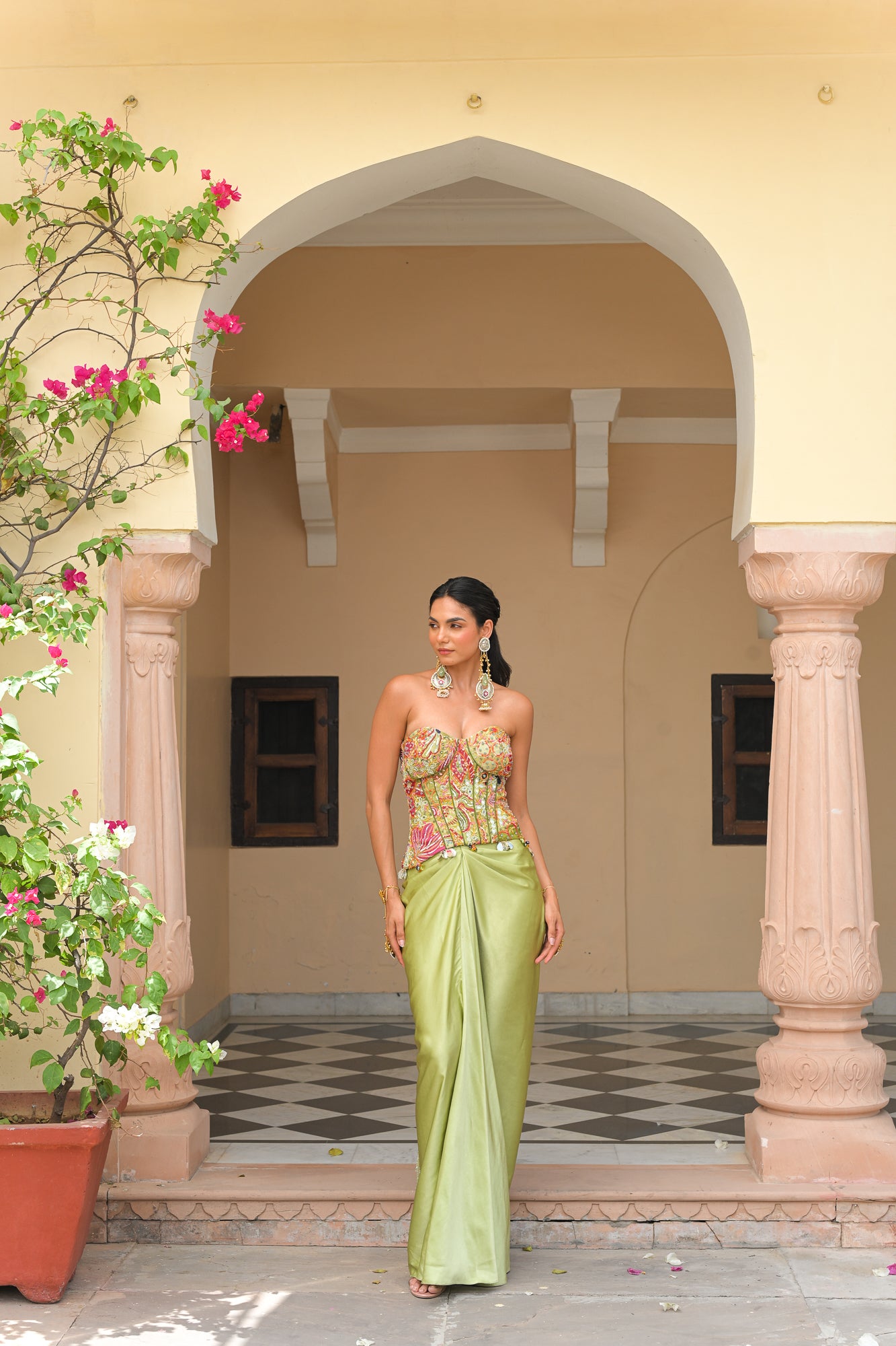 OLIVE BLOOM EMBROIDERED CORSET WITH PRINTED LEHENGA