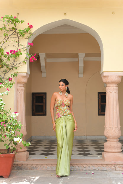 OLIVE BLOOM EMBROIDERED CORSET WITH PRINTED LEHENGA