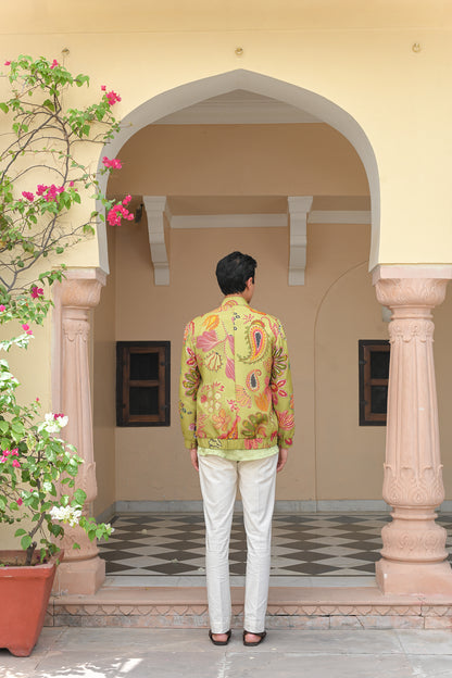 OLIVE BLOOM HIGHLIGHT SHACKET  WITH SATIN SHIRT PANT SET