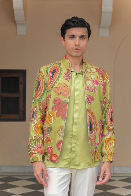 OLIVE BLOOM HIGHLIGHT SHACKET  WITH SATIN SHIRT PANT SET