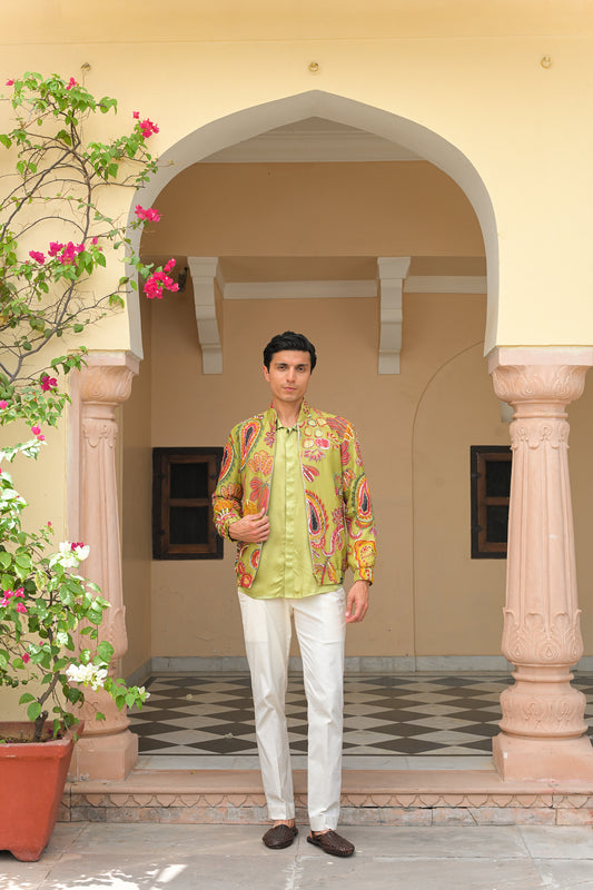 OLIVE BLOOM HIGHLIGHT SHACKET WITH SATIN. SHIRT PANT SET