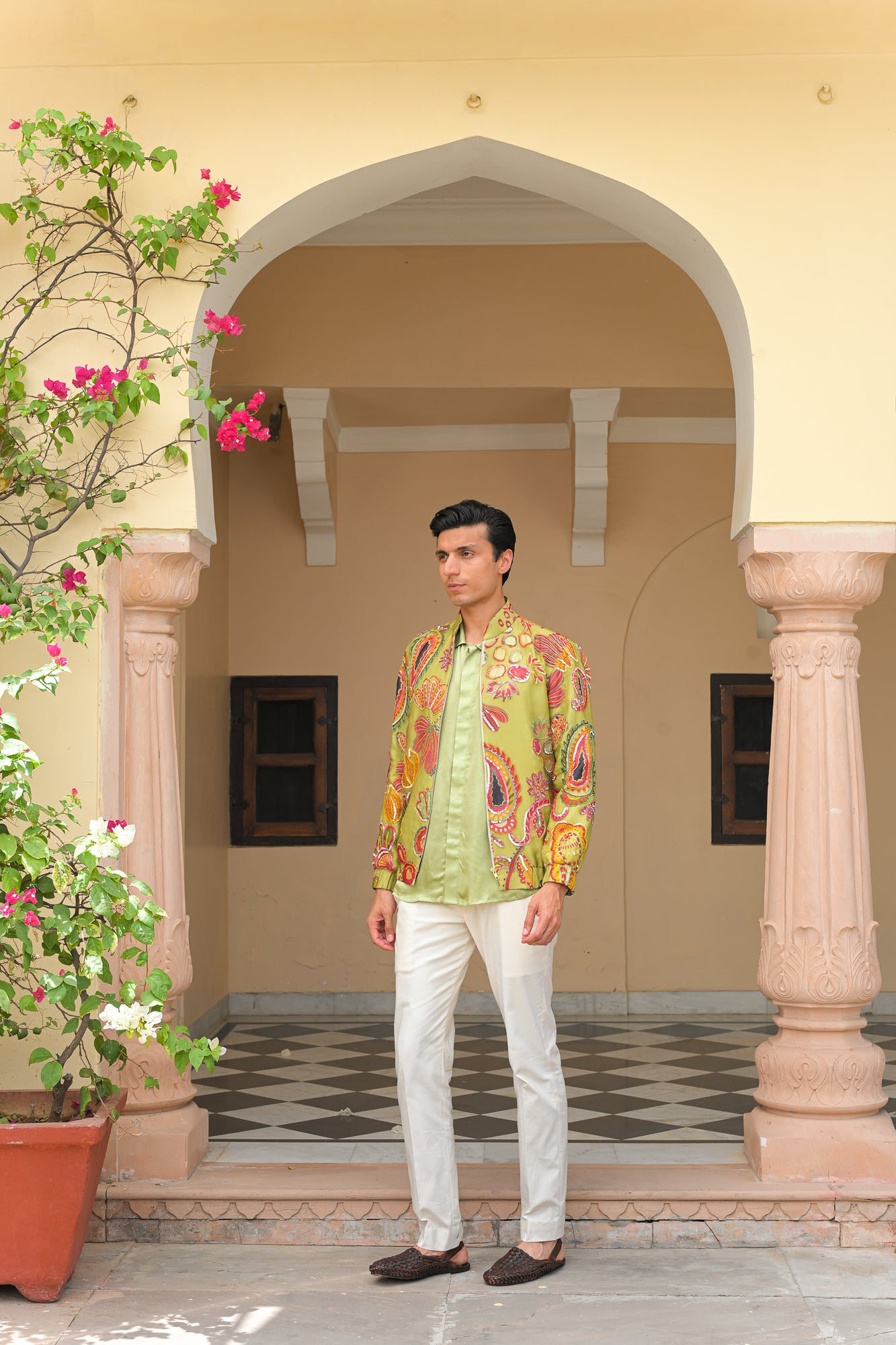 OLIVE BLOOM HIGHLIGHT SHACKET  WITH SATIN SHIRT PANT SET
