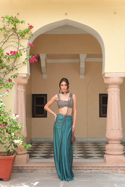 IRIS SKIRT WITH CRYSTAL BLOUSE AND CRYSTAL. TASSEL PALLA SAREE