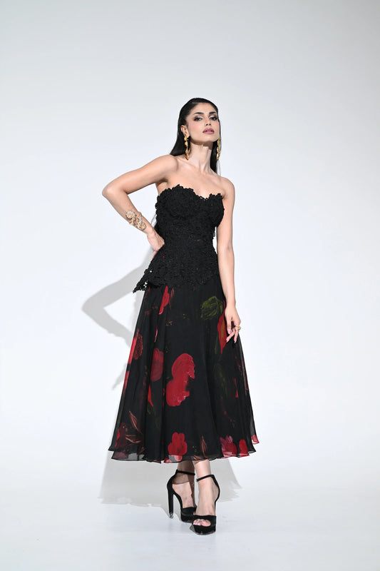 EBONY LACED CORSET MIDI DRESS
