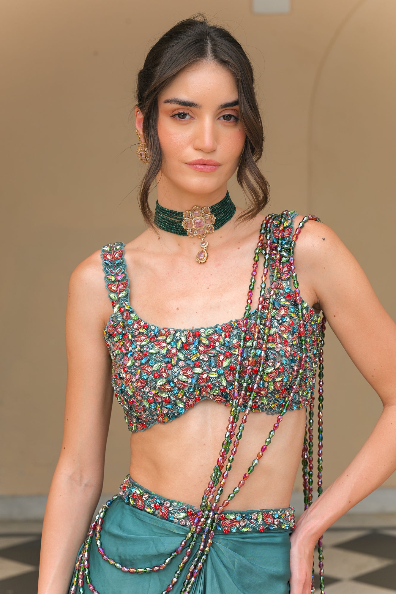 IRIS SKIRT WITH CRYSTAL BLOUSE AND CRYSTAL. TASSEL PALLA SAREE