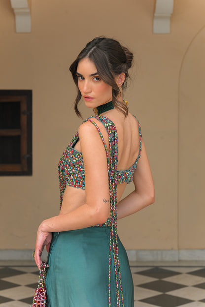 IRIS SKIRT WITH CRYSTAL BLOUSE AND CRYSTAL. TASSEL PALLA SAREE
