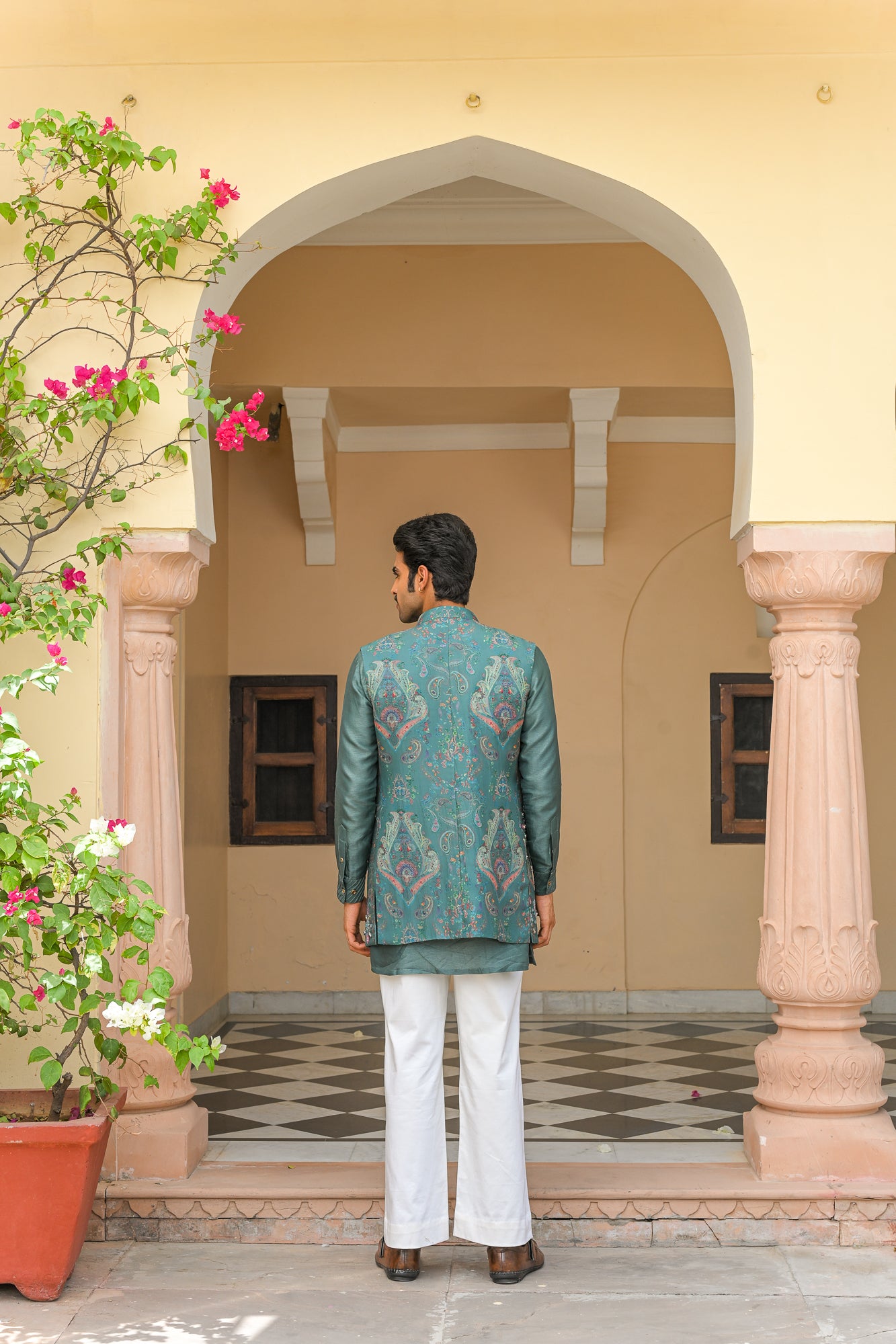 IRIS MIST EMBROIDERED HALF JACKET  PAIRED WITH PIN TUCK KURTA PANT SET