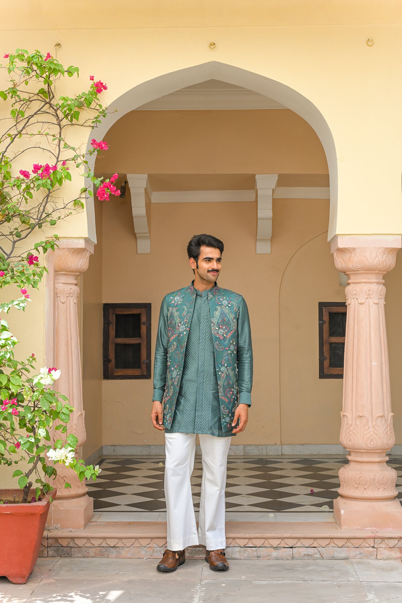 IRIS MIST EMBROIDERED HALF JACKET  PAIRED WITH PIN TUCK KURTA PANT SET