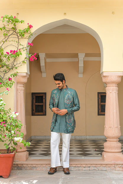 IRIS MIST EMBROIDERED HALF JACKET  PAIRED WITH PIN TUCK KURTA PANT SET