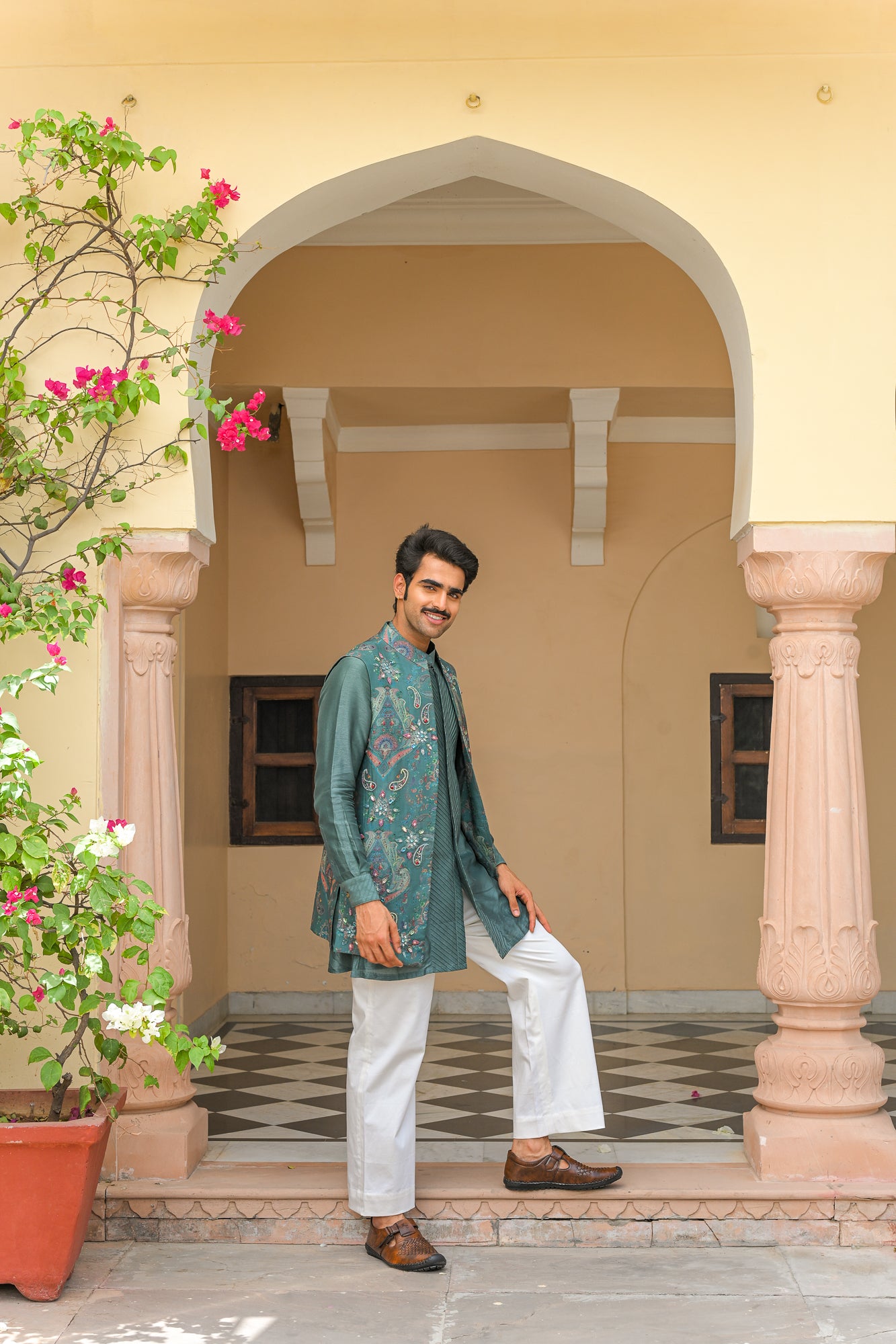 IRIS MIST EMBROIDERED HALF JACKET  PAIRED WITH PIN TUCK KURTA PANT SET