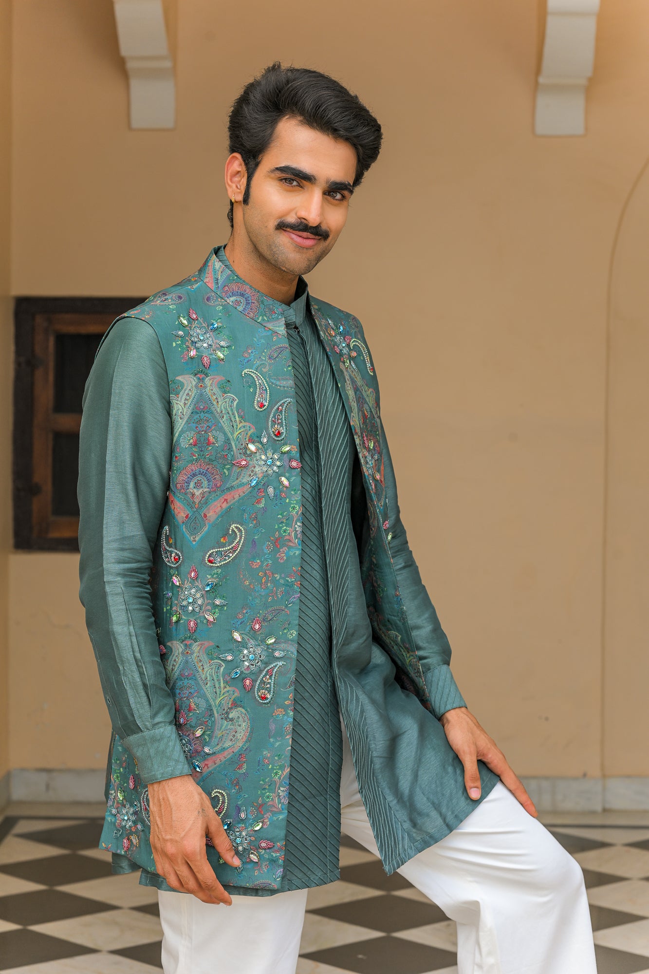 IRIS MIST EMBROIDERED HALF JACKET  PAIRED WITH PIN TUCK KURTA PANT SET