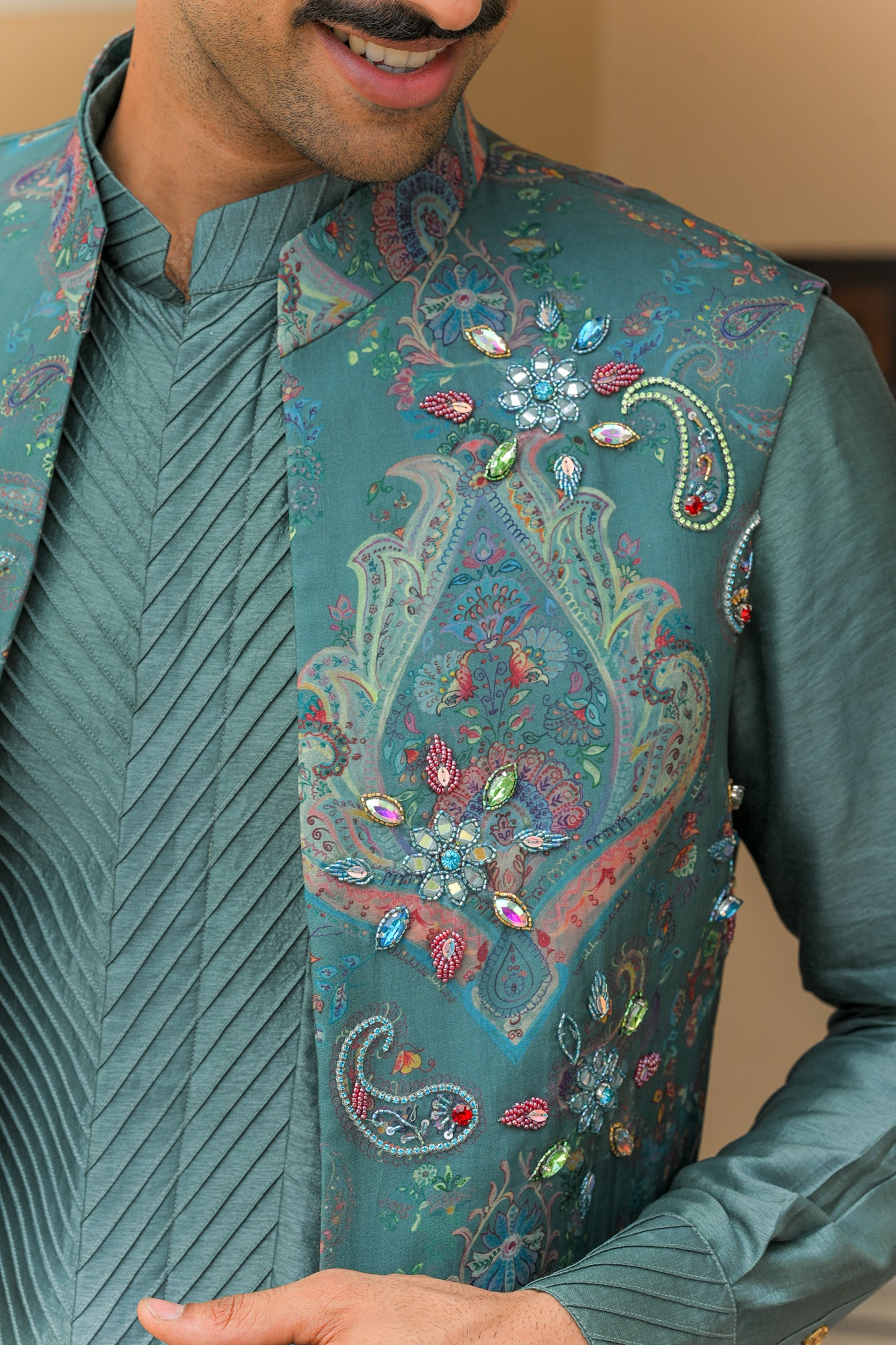 IRIS MIST EMBROIDERED HALF JACKET  PAIRED WITH PIN TUCK KURTA PANT SET