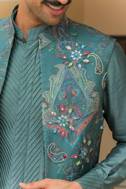 IRIS MIST EMBROIDERED HALF JACKET  PAIRED WITH PIN TUCK KURTA PANT SET