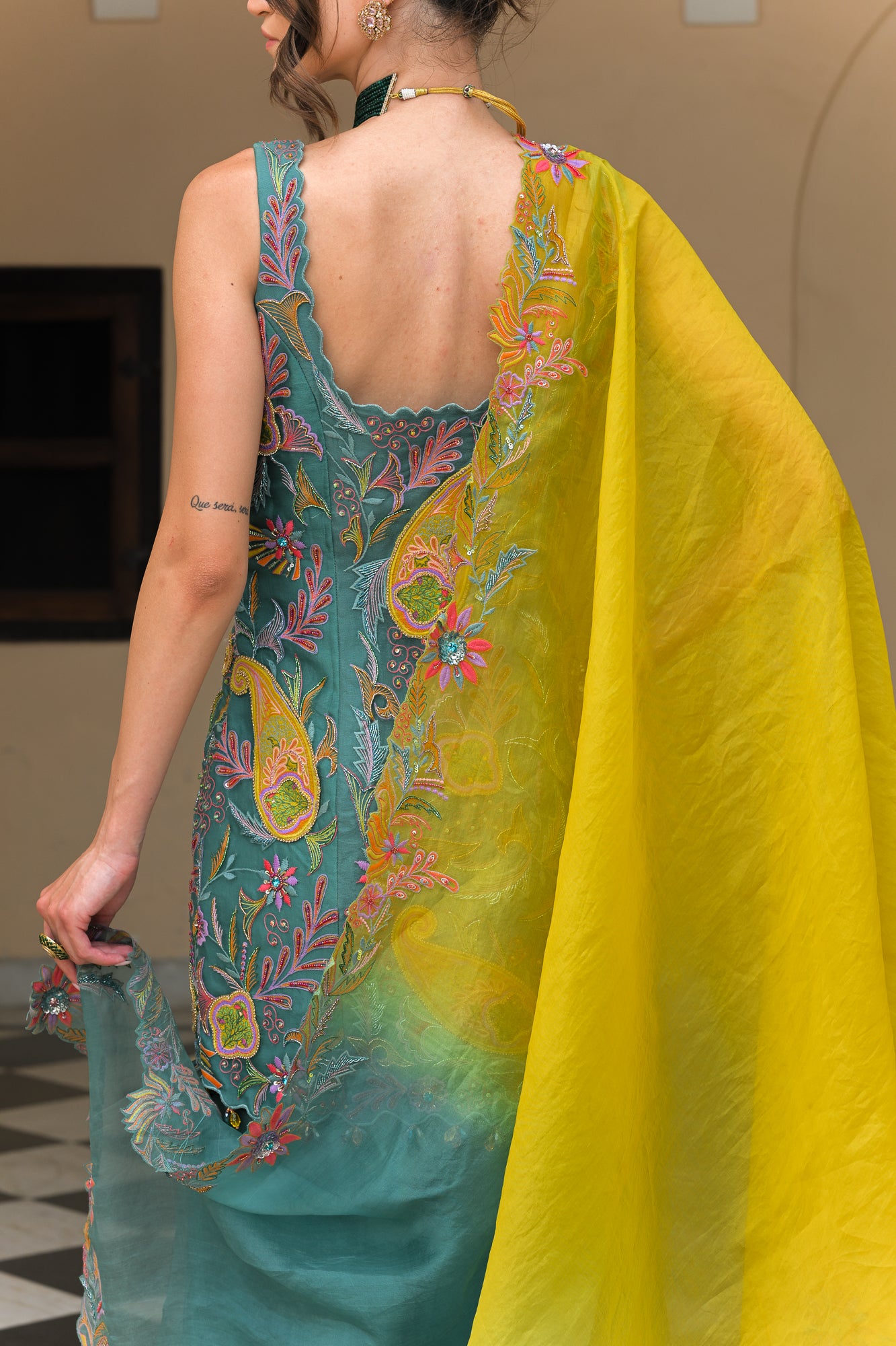 IRIS MIST THREAD WORK PATCH KURTA WITH. PANEL KALI PANT WITH DUAL THREAD WORK. HIGHLIGHT DUPATTA
