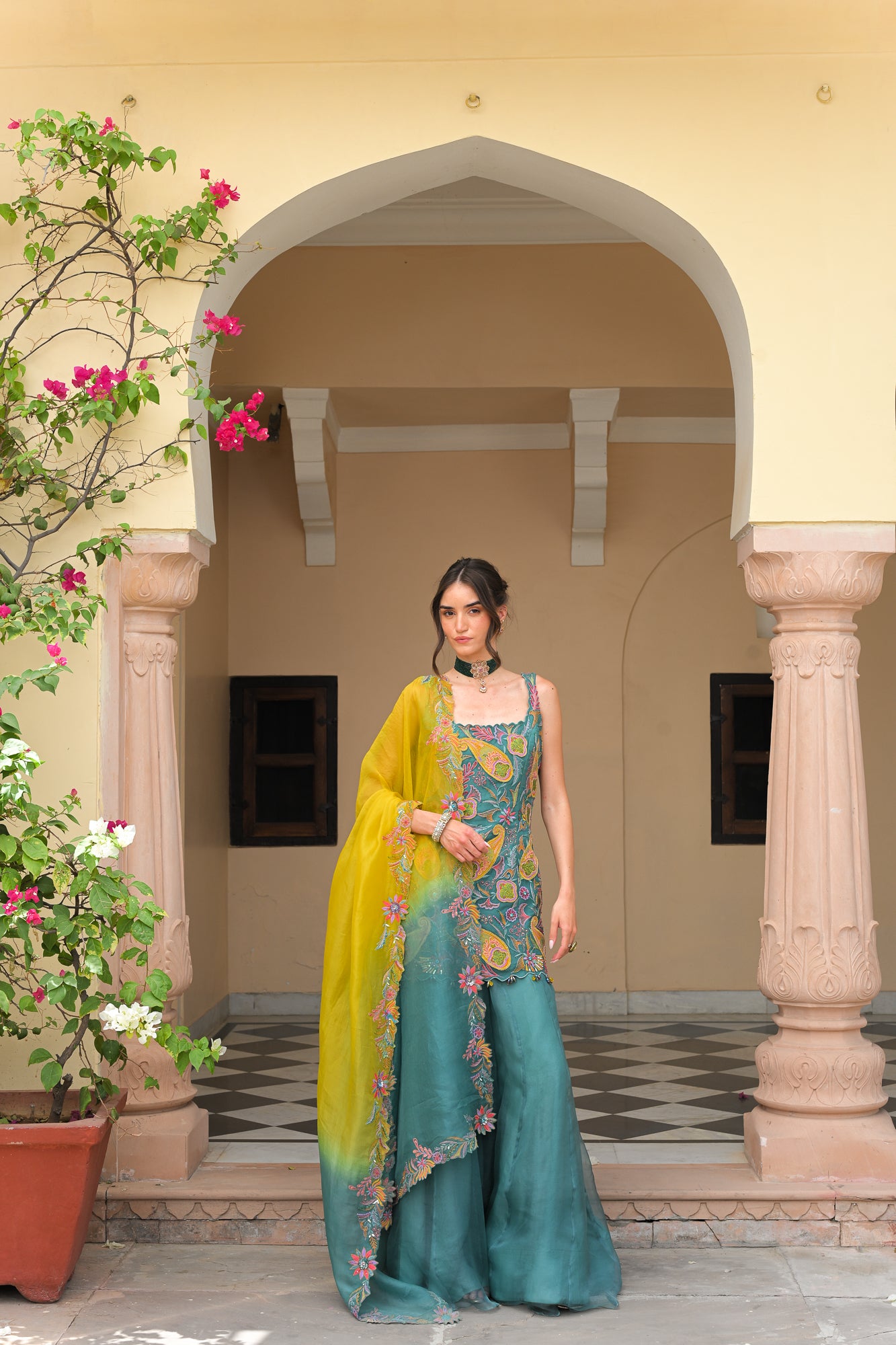 IRIS MIST THREAD WORK PATCH KURTA WITH. PANEL KALI PANT WITH DUAL THREAD WORK. HIGHLIGHT DUPATTA
