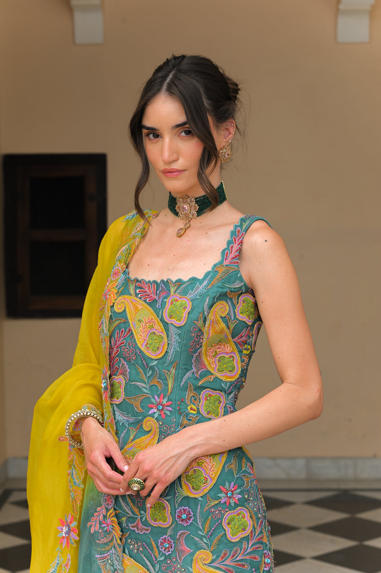 IRIS MIST THREAD WORK PATCH KURTA WITH. PANEL KALI PANT WITH DUAL THREAD WORK. HIGHLIGHT DUPATTA