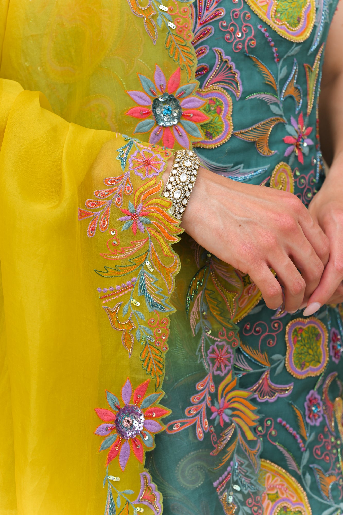 IRIS MIST THREAD WORK PATCH KURTA WITH. PANEL KALI PANT WITH DUAL THREAD WORK. HIGHLIGHT DUPATTA