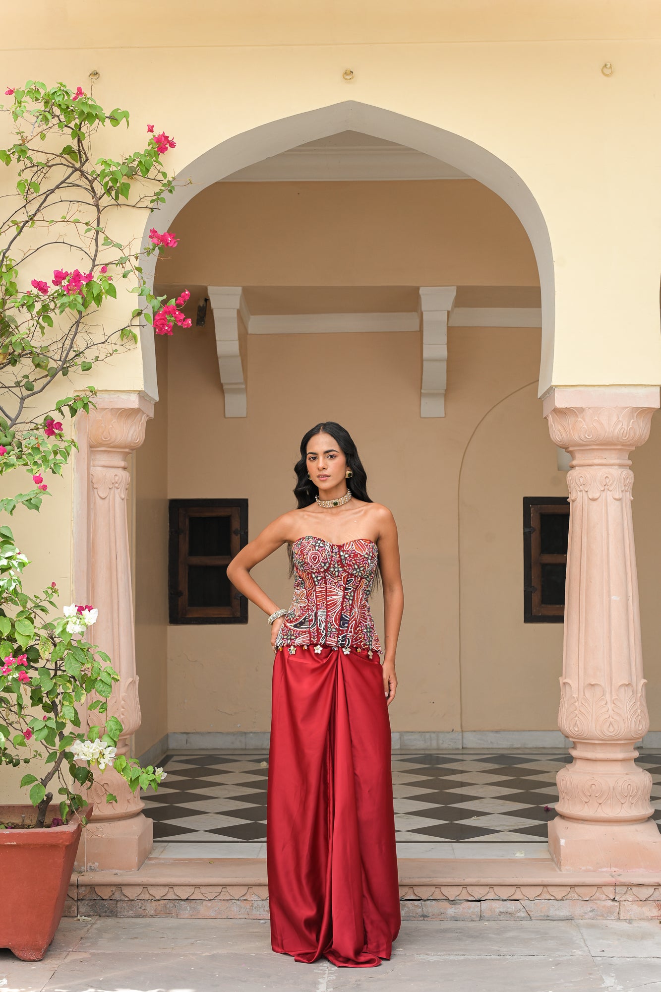MIRROR EMBROIDERED SCARLET BLOOM CORSET PAIRED WITH MILANO THROW SATIN SKIRT