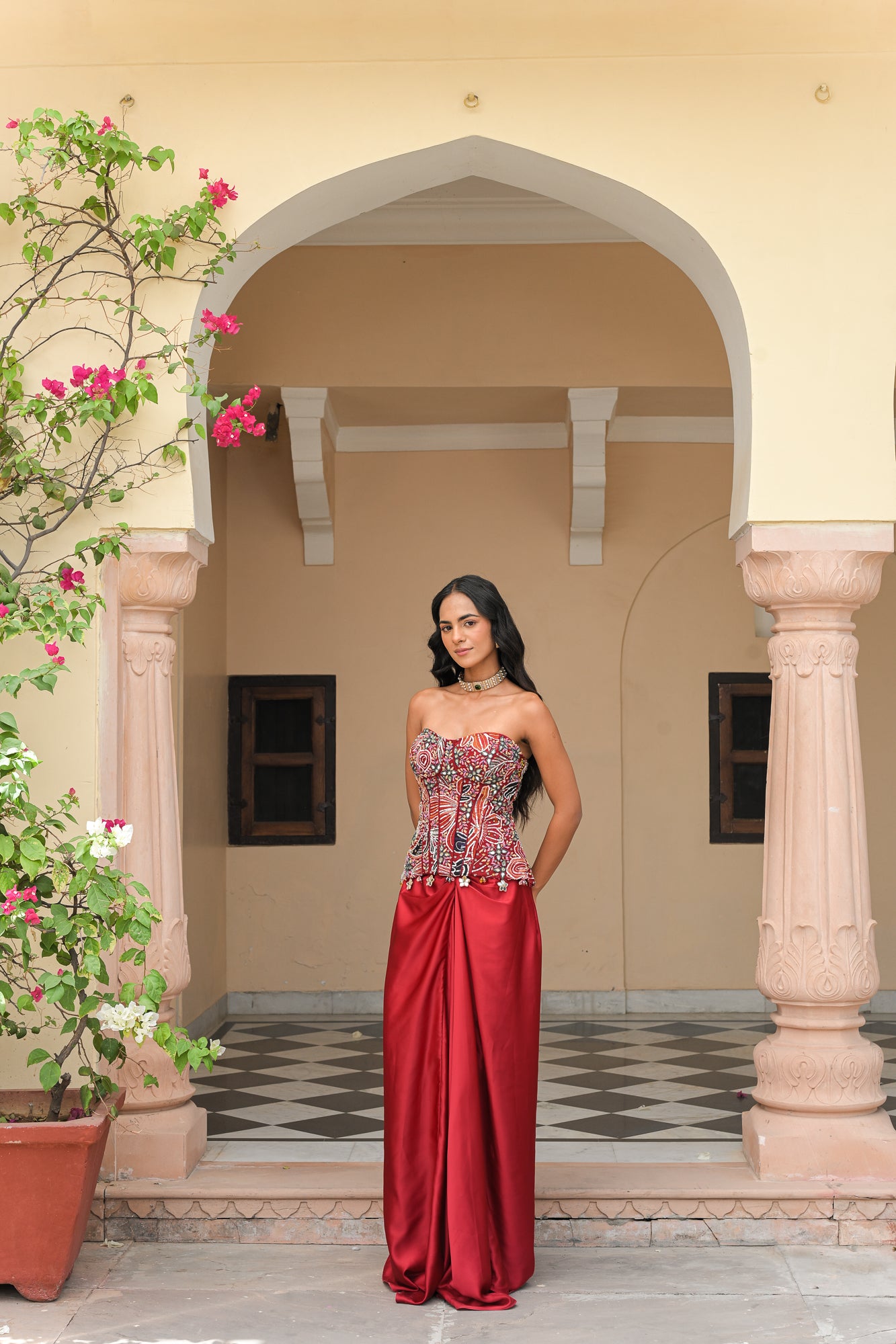 MIRROR EMBROIDERED SCARLET BLOOM CORSET PAIRED WITH MILANO THROW SATIN SKIRT