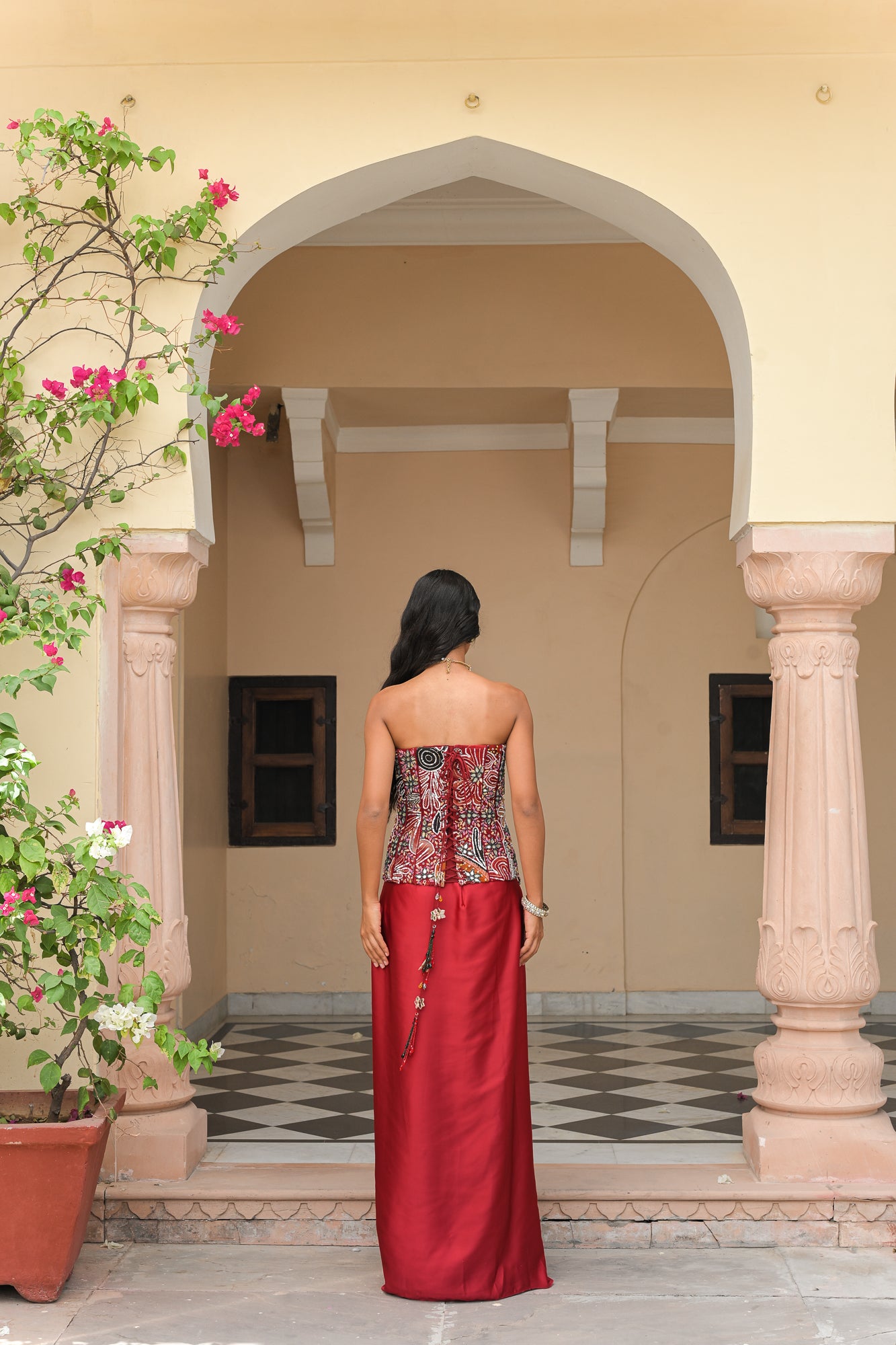 MIRROR EMBROIDERED SCARLET BLOOM CORSET PAIRED WITH MILANO THROW SATIN SKIRT