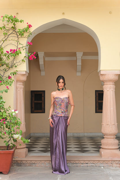 VIOLET BLOOM HIGHLIGHT CORSET WITH SATIN THROW SKIRT SET