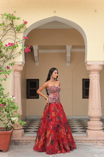 SCARLET BLOOM EMBROIDERED CORSET WITH SCARLET. BLOOM PRINTED LEHENGA